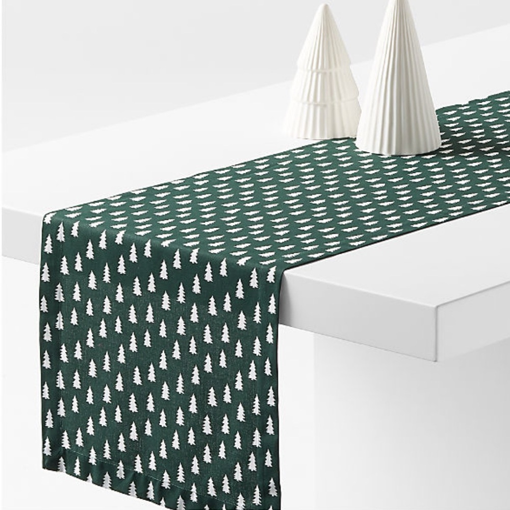 New! Crate&Barrel Green and White Tree Table Runner 120”